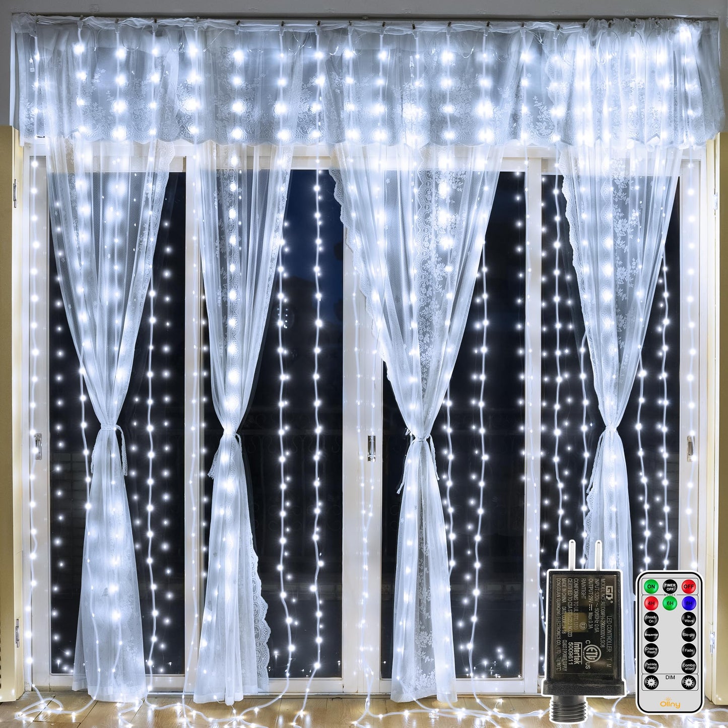 Ollny Curtain Lights 300Led 9.8Ftx9.8Ft  Connectable Ip67 Waterproof Outdoor Curtain String Lights With Remote  Plug-In Untangle Fairy Lights With 8 Modes 3 Timers For Wall Backdrop Decor(Cool White)