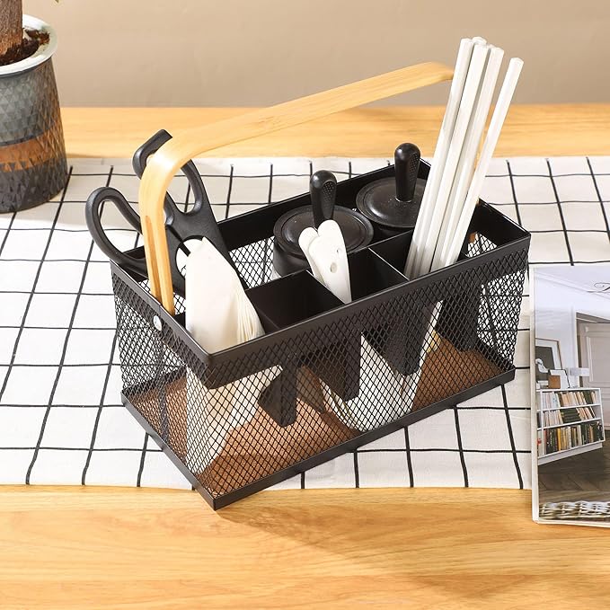 Utensil Caddy Metal Mesh Silverware Cutlery Organizer Basket with Bamboo Handle, Multi-Purpose Steel Wire Caddy 6 Compartment Flatware Basket for Kitchen, Countertop, Picnic, Restaurant, Black