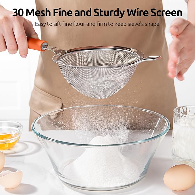 U-Taste Fine Mesh Food Strainer: 18/8 Stainless Steel 30 Mesh Kitchen Sieve with Sturdy Riveted Silicone Handle, Heavy Duty Deep Handheld Metal Colander (Small/3.35in+Medium/4.73, Orange)