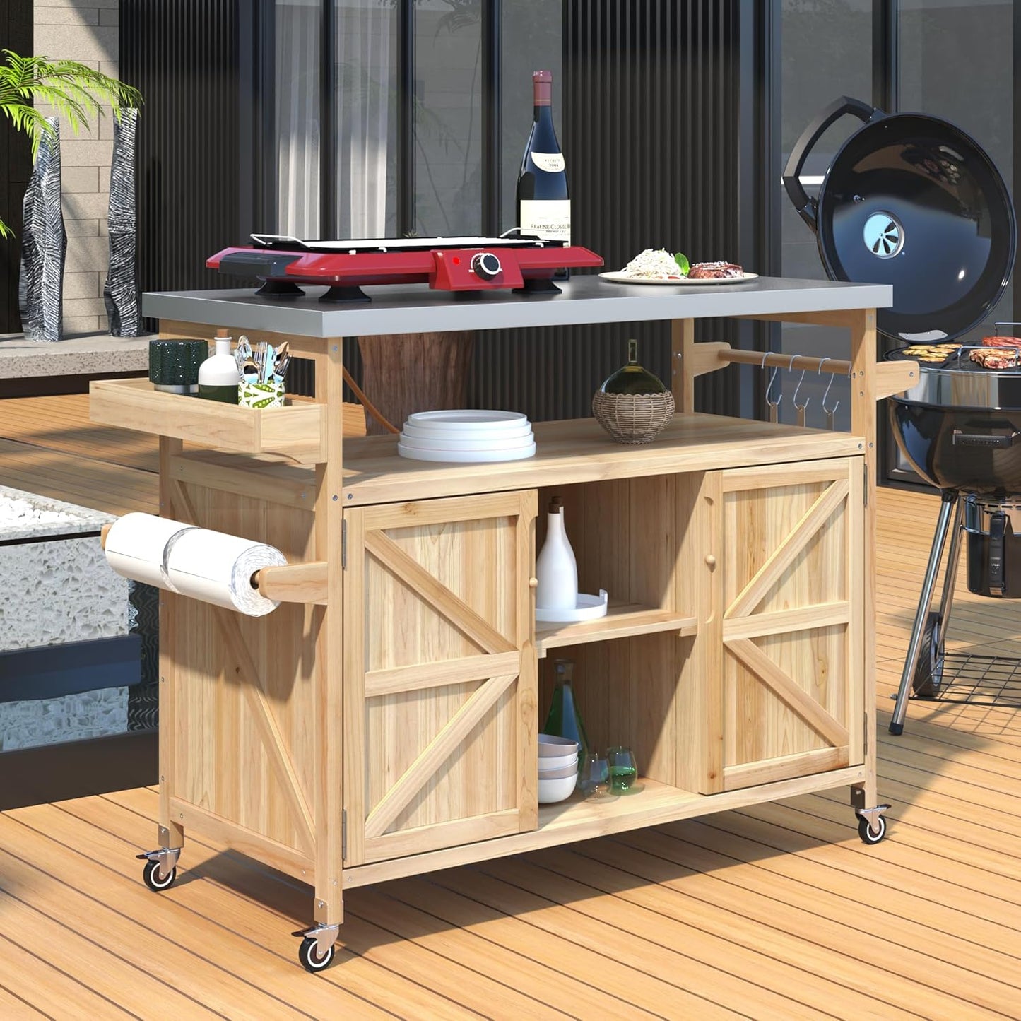 Outdoor Grill Carts for Patio Graden BBQ with Storage Cabinet, Home Rolling Kitchen Island Bar Cart with Stainless Steel Top, Food Prep Table with Shelves, Spice Rack & Towel Holder (Natural)