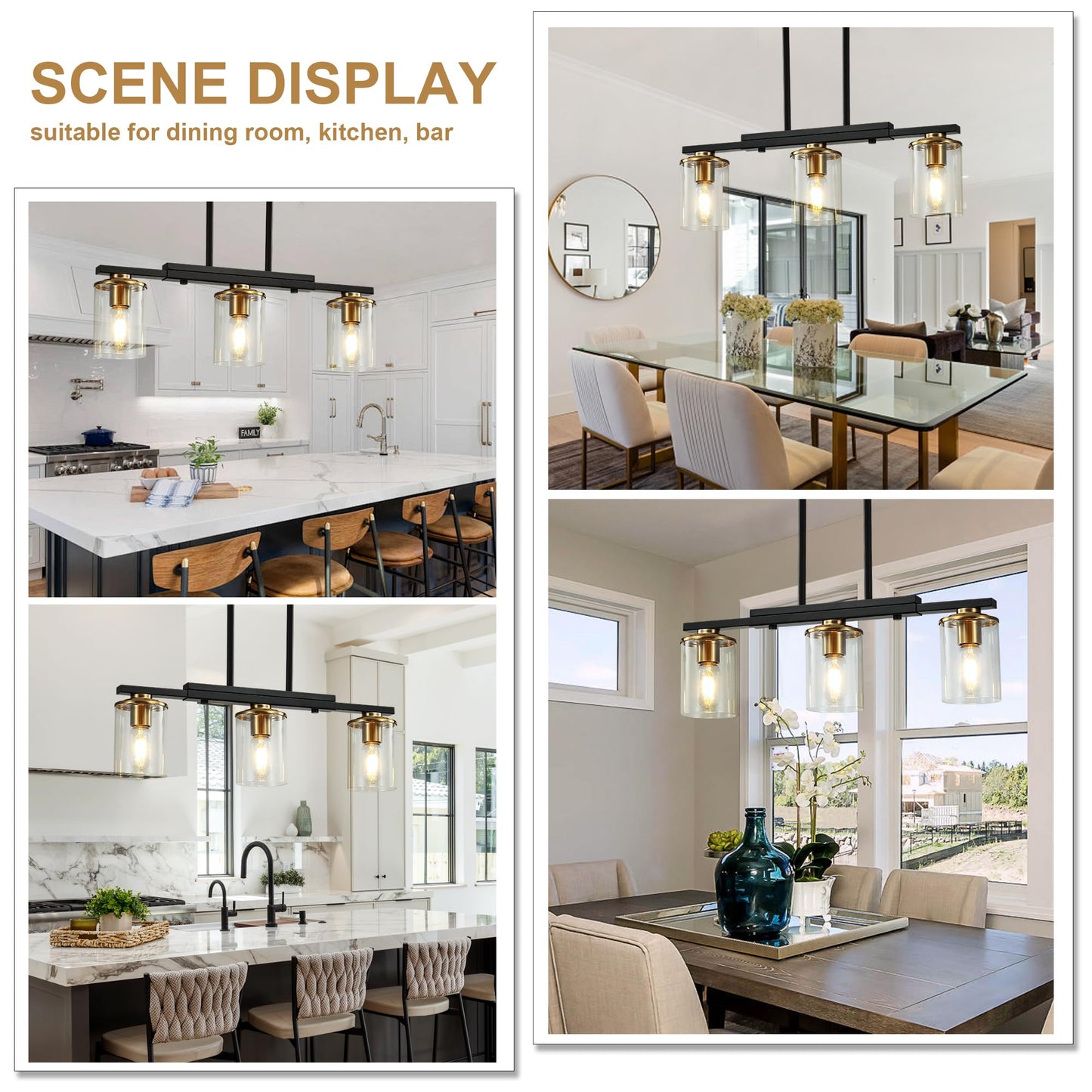 Xvmbvm 3-Light Kitchen Island Lighting Dining Room Lights Modern Farmhouse Chandelier With Clear Glass Shade Modern Rustic Black And Gold Metal Chandelier  Kitchen Pendant Light Fixtures Over Table