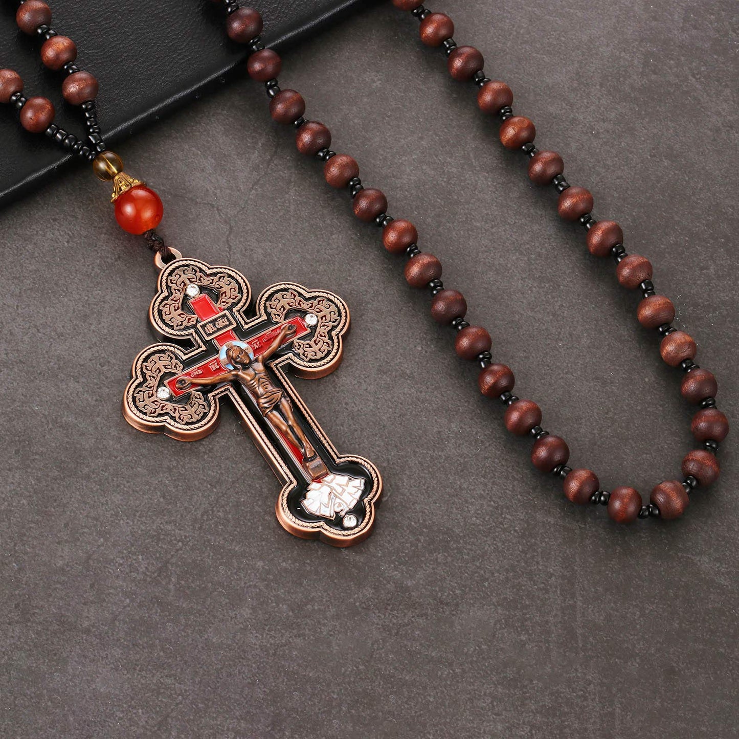 COTTVOTT Wood Rosary Beads Cross Necklace Men Prayer Orthodox Crucifix Jesus Pendant Necklace (Bronze Color)