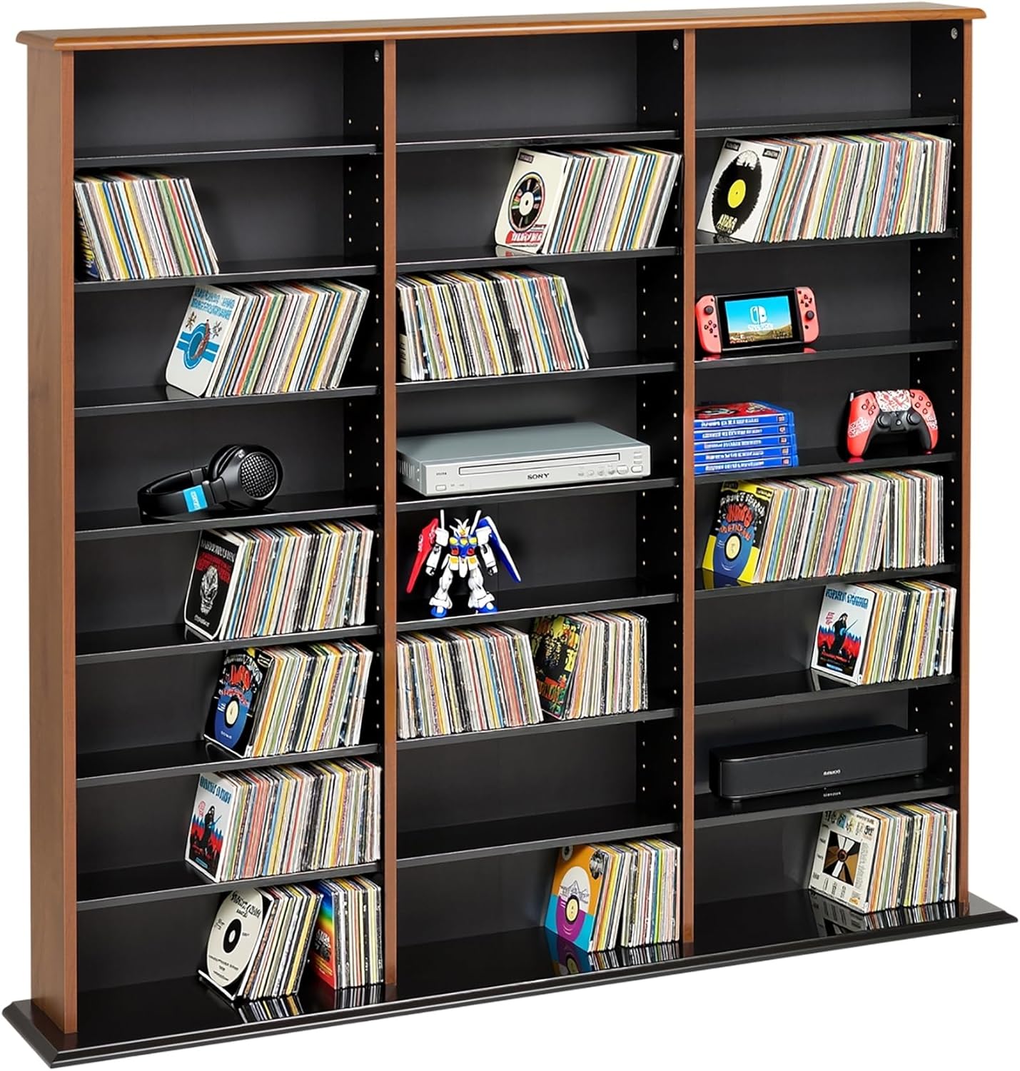 Prepac 3 Column Tall Cabinet Media Storage, Triple Width Wall, Cherry/Black