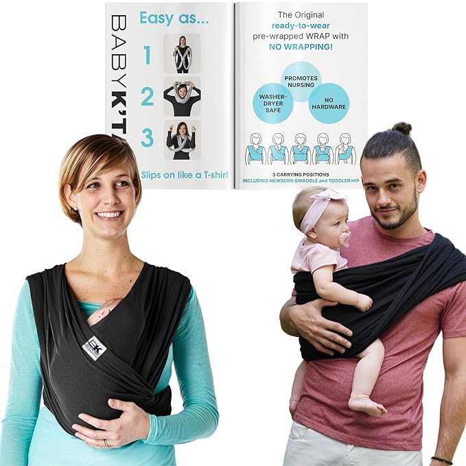 Breeze Baby K'tan Baby Carrier, #1 Easy Pre-Wrapped Baby Sling Gift | Breathable 100% Cotton Mesh | Hands Free Wrap for Infants | No Rings Or Buckles | Black | Small