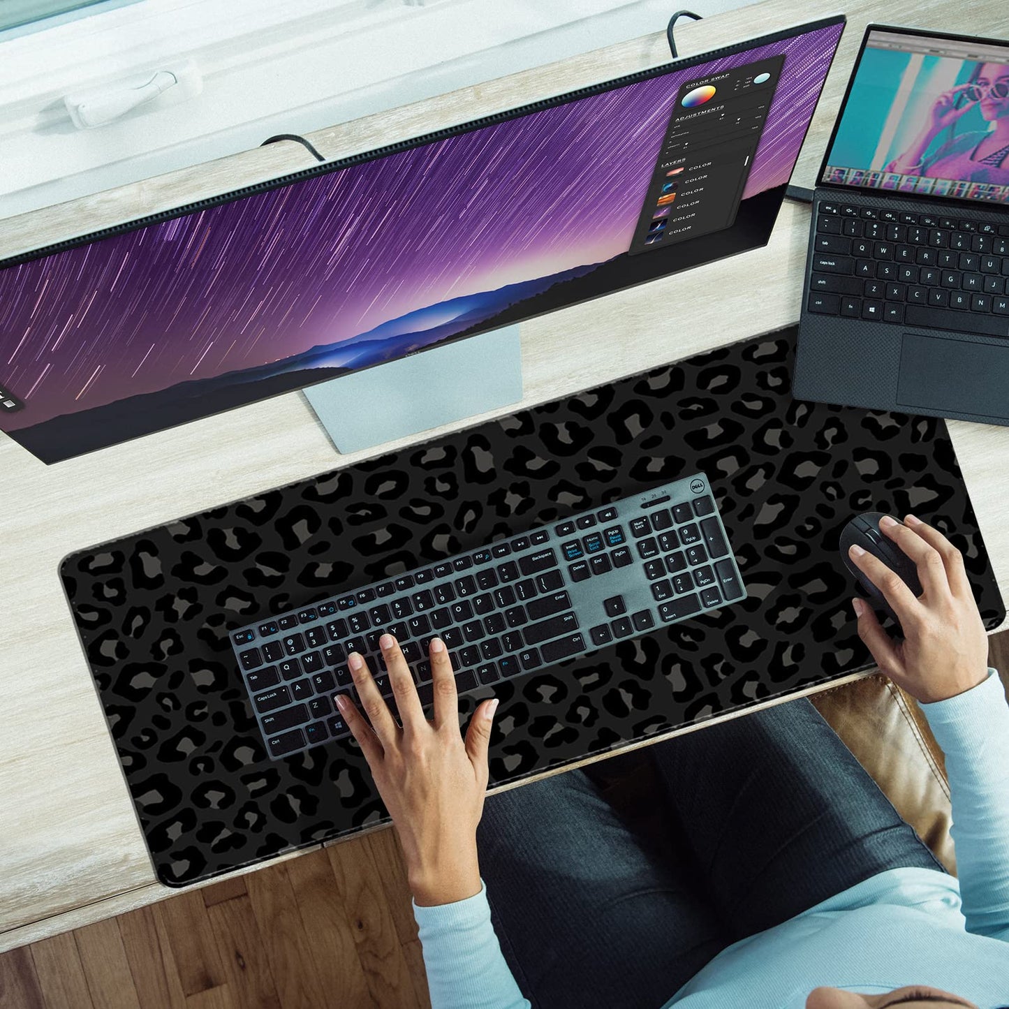 Deokke Extended Large Computer Gaming Mouse Pad Desk Mat(31.5×15.7 in),Desk Pad with Non-Slip Base and Stitched Edges for Work Office Large Gaming Mouse Pad Desktop Pad-Black Leopard Cheetah