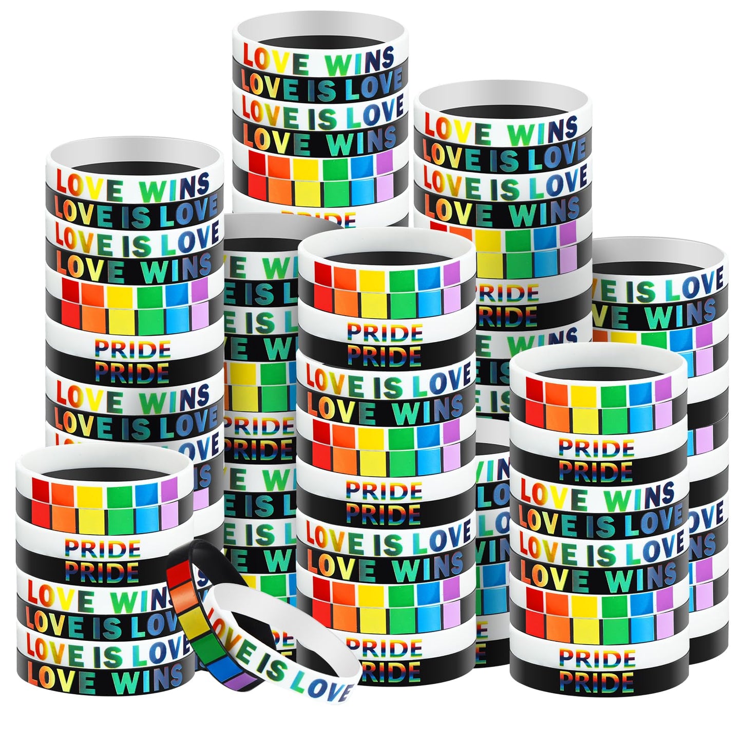 Karenhi 96 Pieces Pride Bracelets bulk LGBT Rainbow Silicone Wristbands Rubber Lesbian Gay Motivational Bracelets for Parades Fe