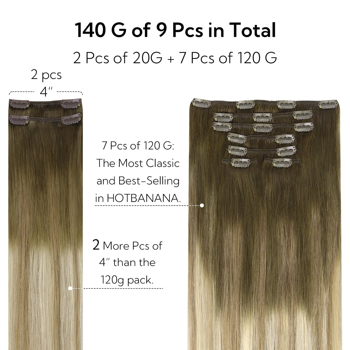 HOTBANANA Clip in Hair Extensions Real Human Hair, 135g 9pcs 14 inch Walnut Brown to Ash Brown and Bleach Blonde Straight Remy C