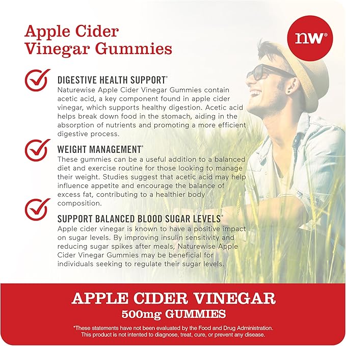 NatureWise Apple Cider Vinegar Gummies - 1000mg ACV per 2 + Vitamin B12 - Pectin Based Vegan, Gluten-Free, Non-GMO - 60 Count[30-Day Supply for 1000mg or 2-Month Supply for 500mg]