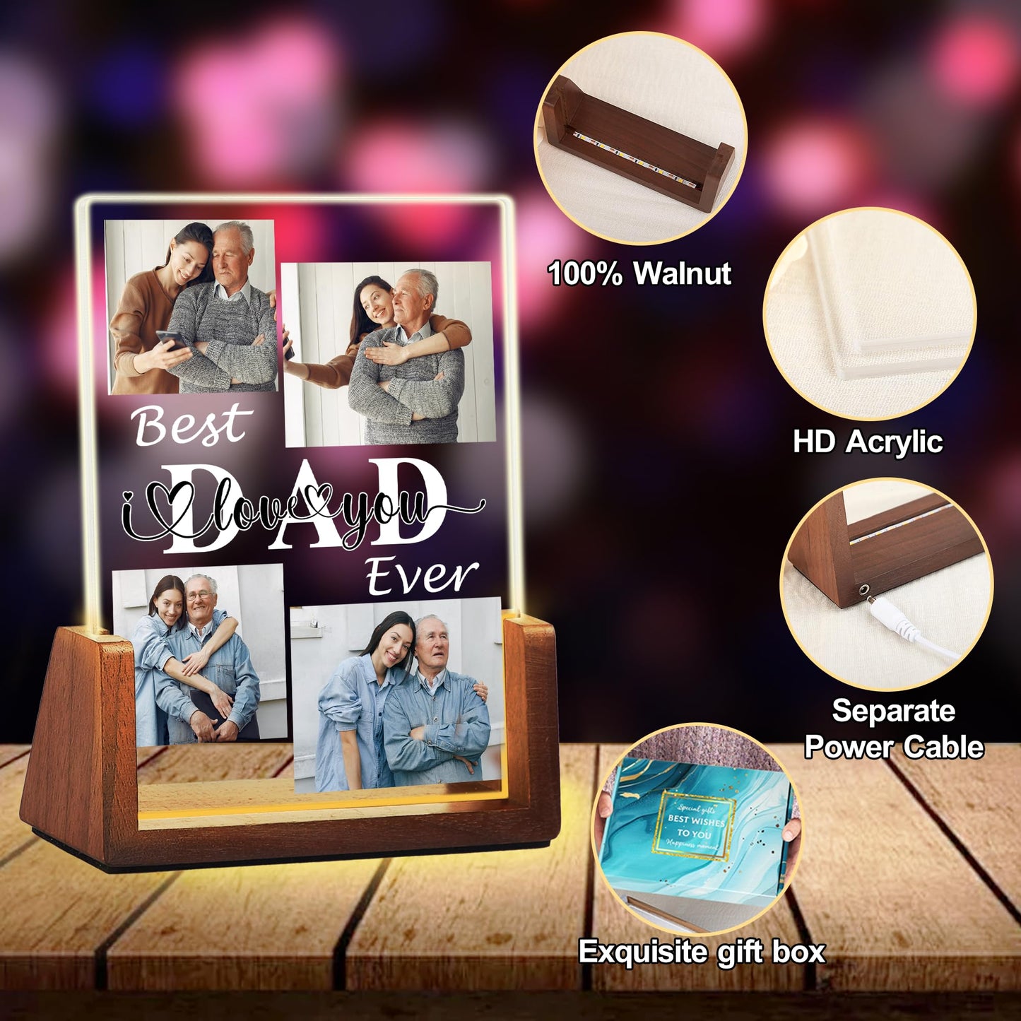 Fathers Day Personalized Gifts For Dad Grandpa Husband From Daughter Son Kids Wife  Custom Light Up Picture Frame Acrylic Plaque  Customized Best Dad Ever Gifts For Fathers Day Christmas Birthday