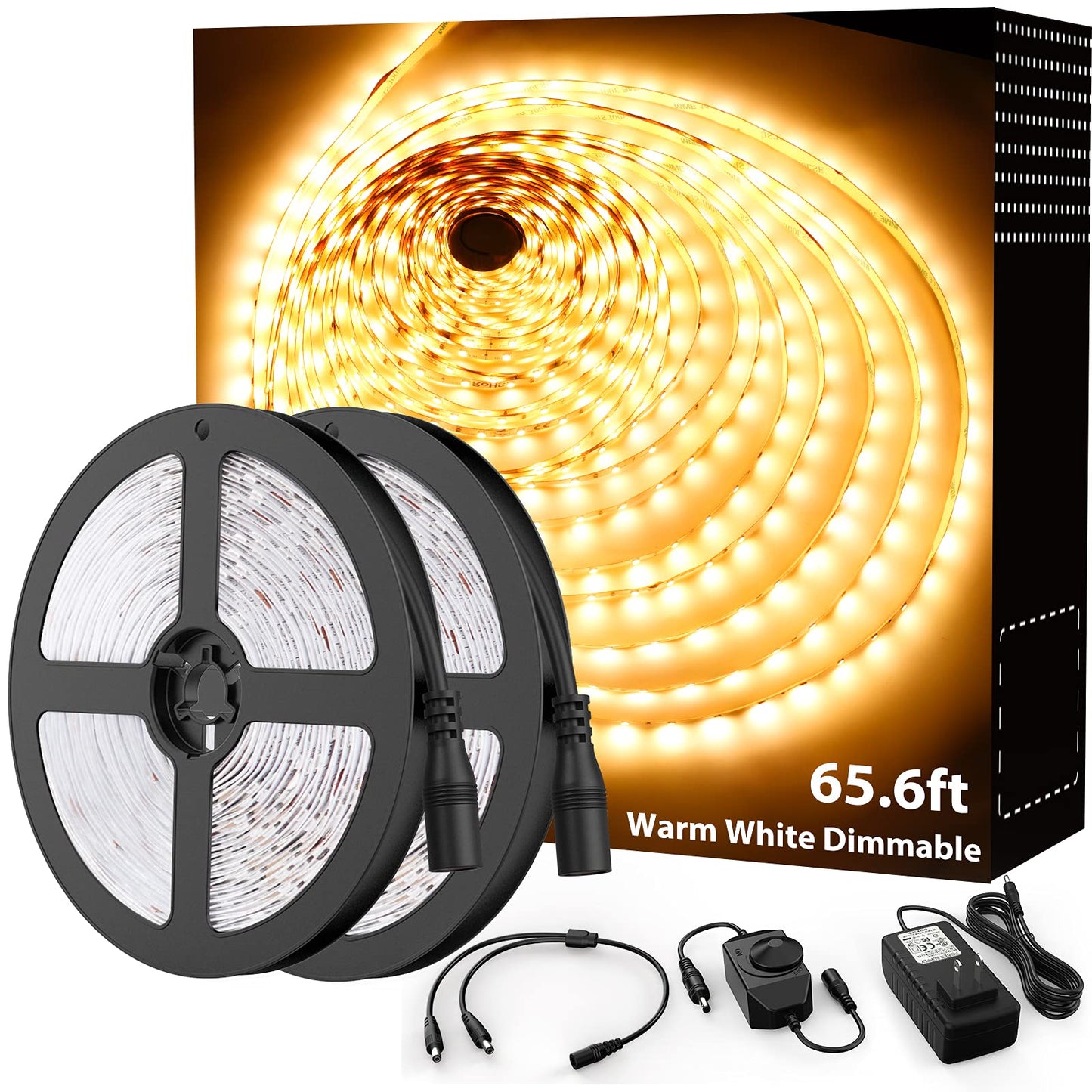 Onforu Led Strip Lighting, 65.6Ft Warm White Dimmable, 1200 Leds 2835 Flexible Tape Light, 12V For Kitchen, Bedroom, Under Cabinet