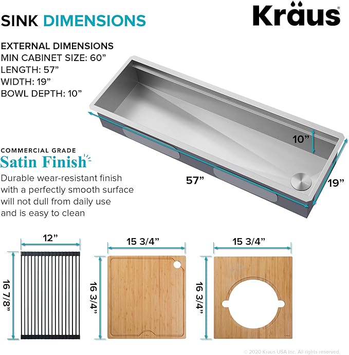 Kraus KWU210-57 Kore 2-Tier Workstation Undermount 16 Gauge Stainless Steel Single Bowl Kitchen Sink with 10 Piece Chef’s Kit of Accessories, 57 inch