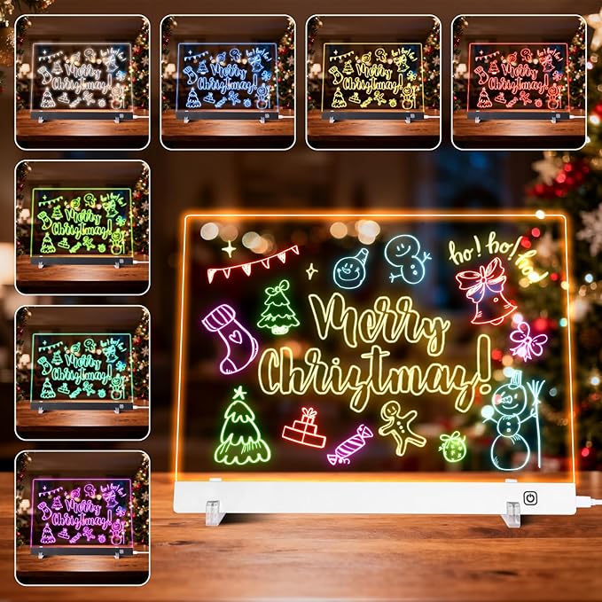 LED Note Board with Colors, Led Drawing Board for Kids, Light Up Acrylic Dry Erase Boards with Stand, Christmas & Birthday Gifts for Girls/Teens (White, 11.8" x 7.9")