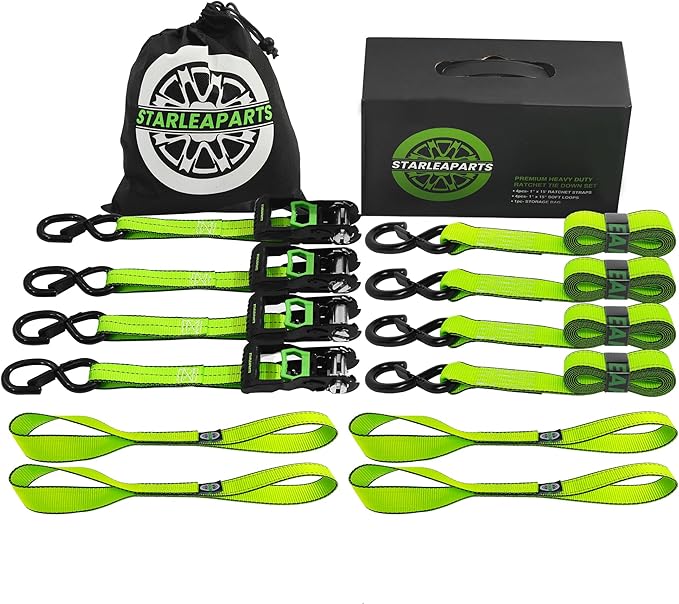 Motorcycle Tie Down Strap (4PK) - 2,100lb Break Strength Premium 15ft Ratchet Tie Down Straps Set, Soft Loop Ratchet Strap...