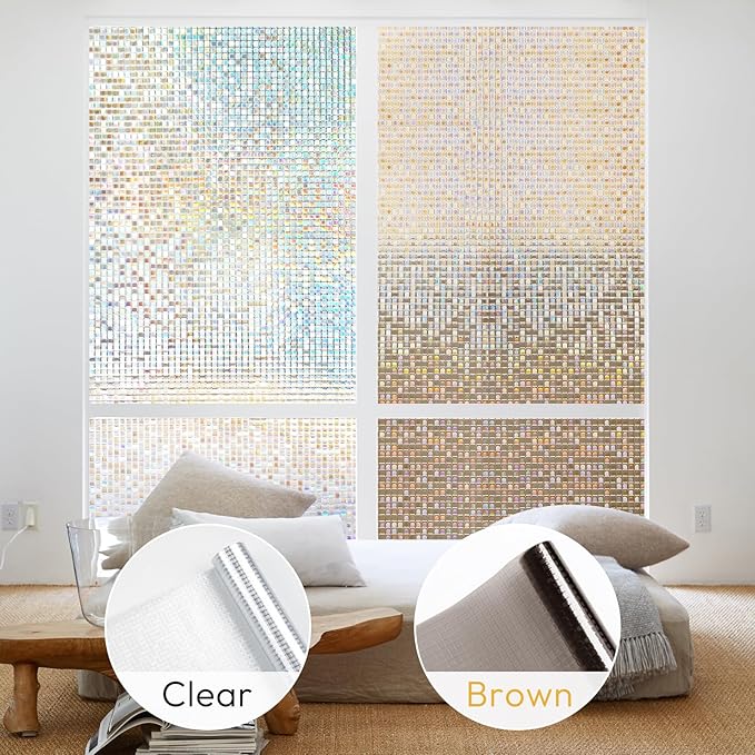 rabbitgoo Window Privacy Film Stained Glass Window Film, Mosaic Rainbow Decorative Glass Cling, Removable Static Cling Tint, Non-Adhesive Privacy Covering for Home, Brown, 23.6 x 78.5 inches