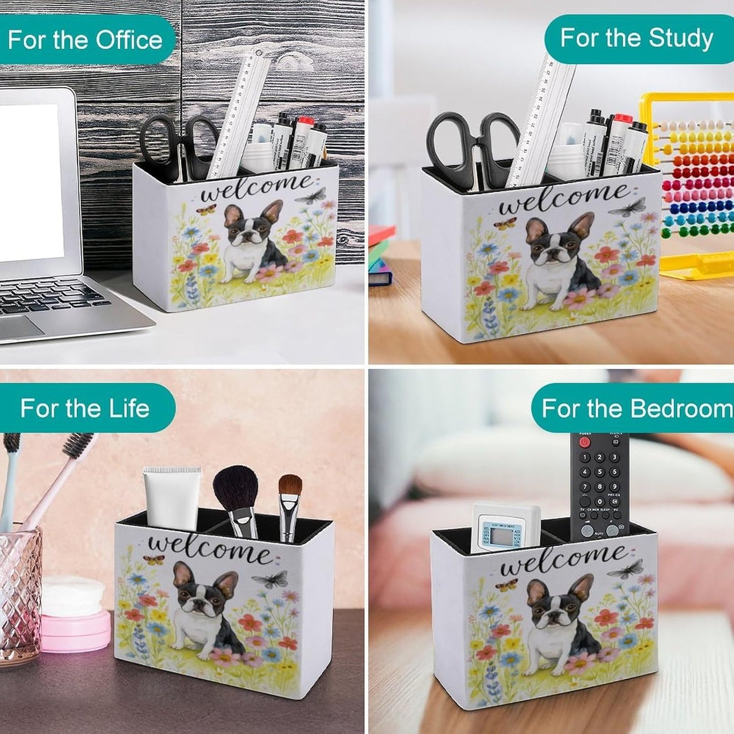 Welcome Dog Flowers Lether Pen Holder for Desk Makeup Brush Holder Office Organizer Desk Accessory for School Office