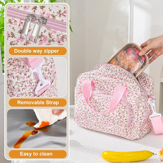 Large Lunch Bag for Women Insulated Lunch Box Reusable Cooler Bag Portable Cute Corduroy Leakproof Tote Bags for Travel, Work, and Picnic, Pink Flower