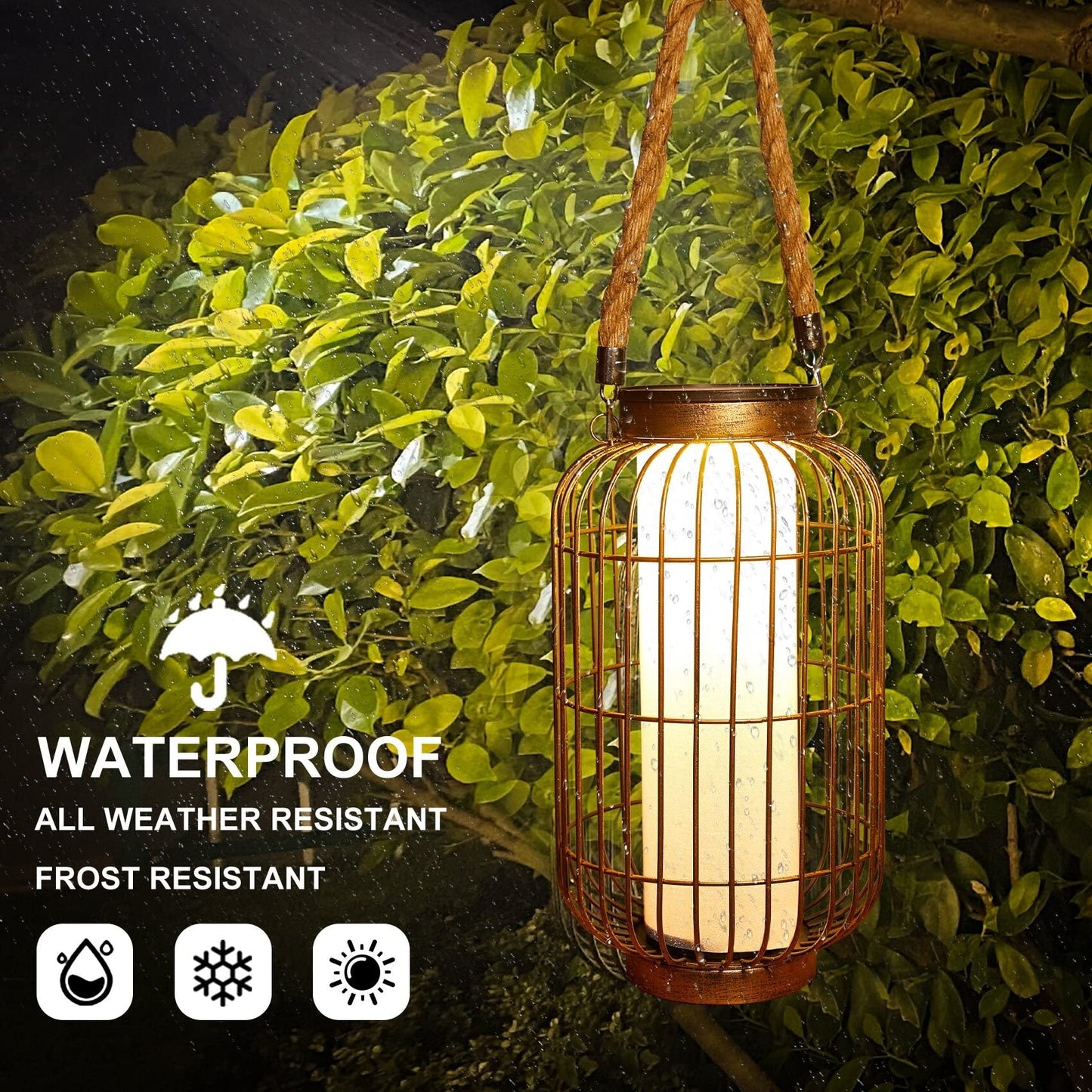 pearlstar Solar Powered Lantern - Heavy Duty Metal Hanging Light, Waterproof for Outdoor Use, Copper, Model 390