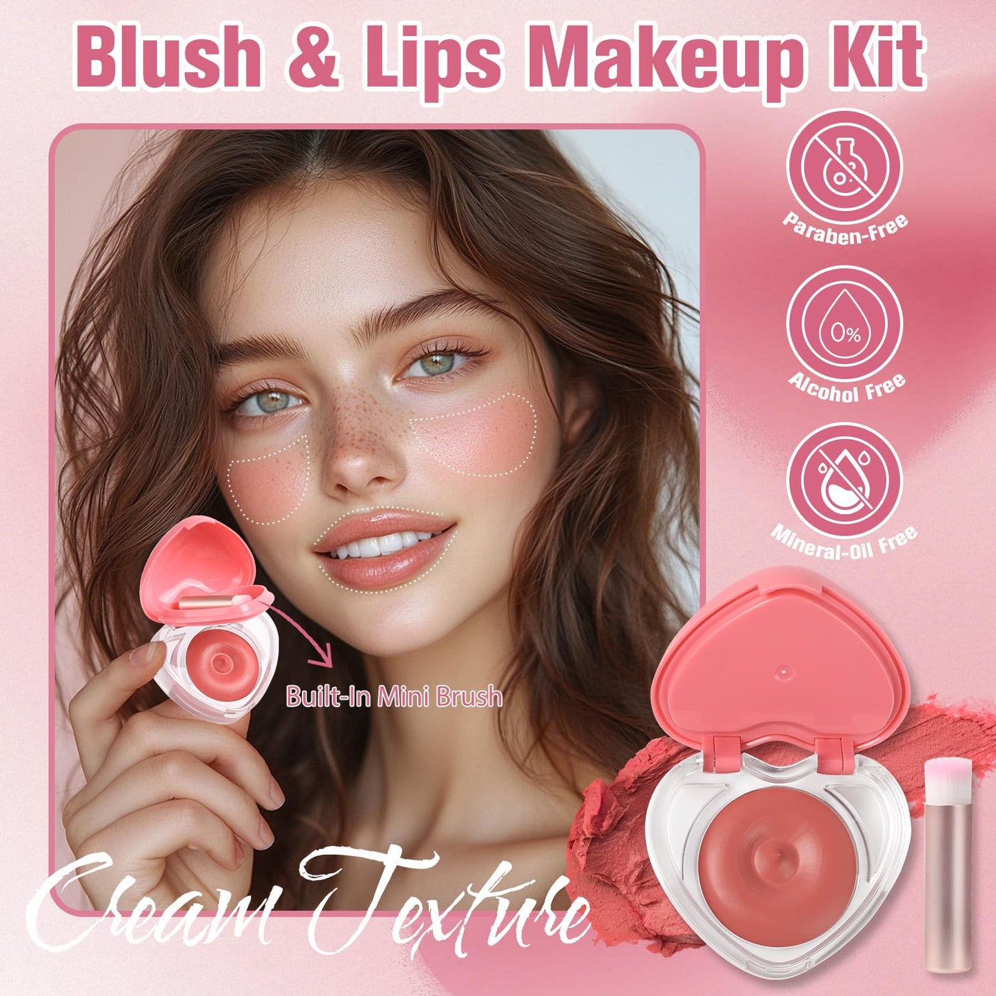 Heart-Shaped Cream Blush for Cheeks & Lips - 2-in-1 Tinted Lip and Cheek Balm Kit with Mini Brush - Blendable Dewy Blusher Makeu