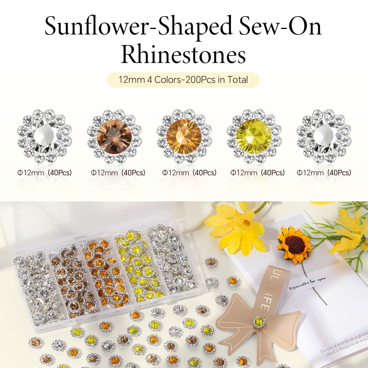 200 Pcs 12MM Sew on Rhinestones Mixed Colors Crystal Glass Metal Base Flower Shape, Flatback Rhinestones for Crafting, Sewing Ac