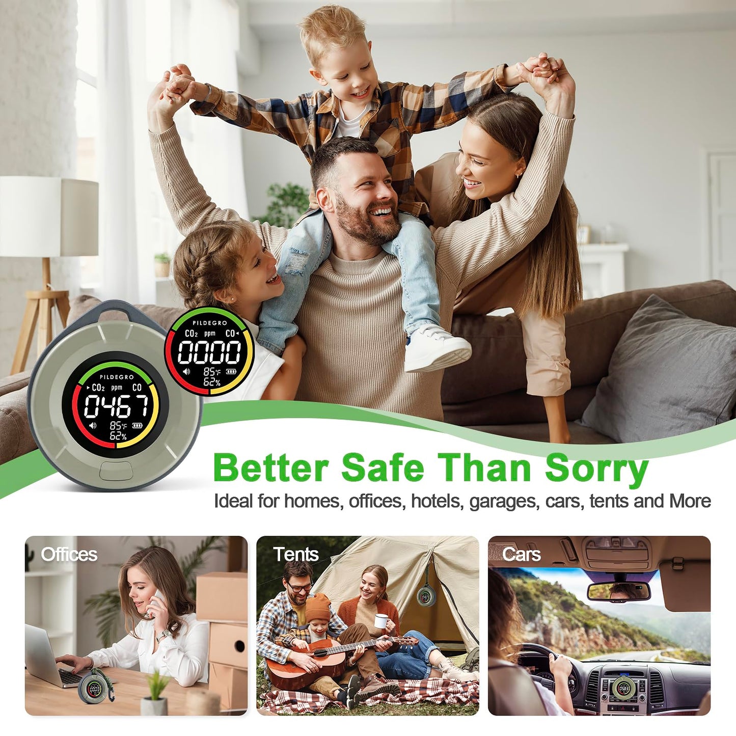 Pildegro 4-in-1 Portable Carbon Monoxide and Carbon Dioxide Detector, Upgraded Rechargeable Travel CO & CO2 Monitor 3-Day Standby, Premium Real-Time CO & CO2 Alarm for Air Safety & Quality (Grey)