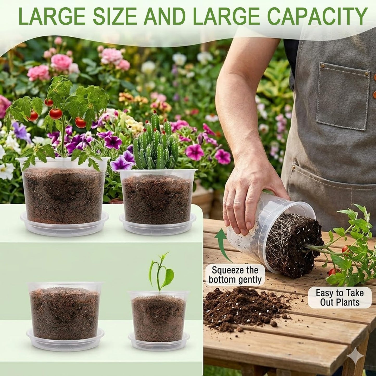 THEIFOXONE 4 Sets 10 Inch Large Clear Nursery Pots with Drainage Holes, Thick Reusable Plastic Plant Pots for Indoor Outdoor Plants, Seedlings, Succulents, Transplanting (10 inch)