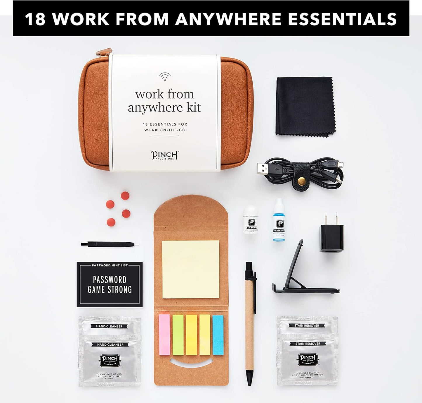 Pinch Provisions Work from Anywhere Kit, Includes 18 Essentials to Help You Stay on Task, Must-Have Essentials, Compact Multi-Functional Double-Pocket Vegan Leather Pouch