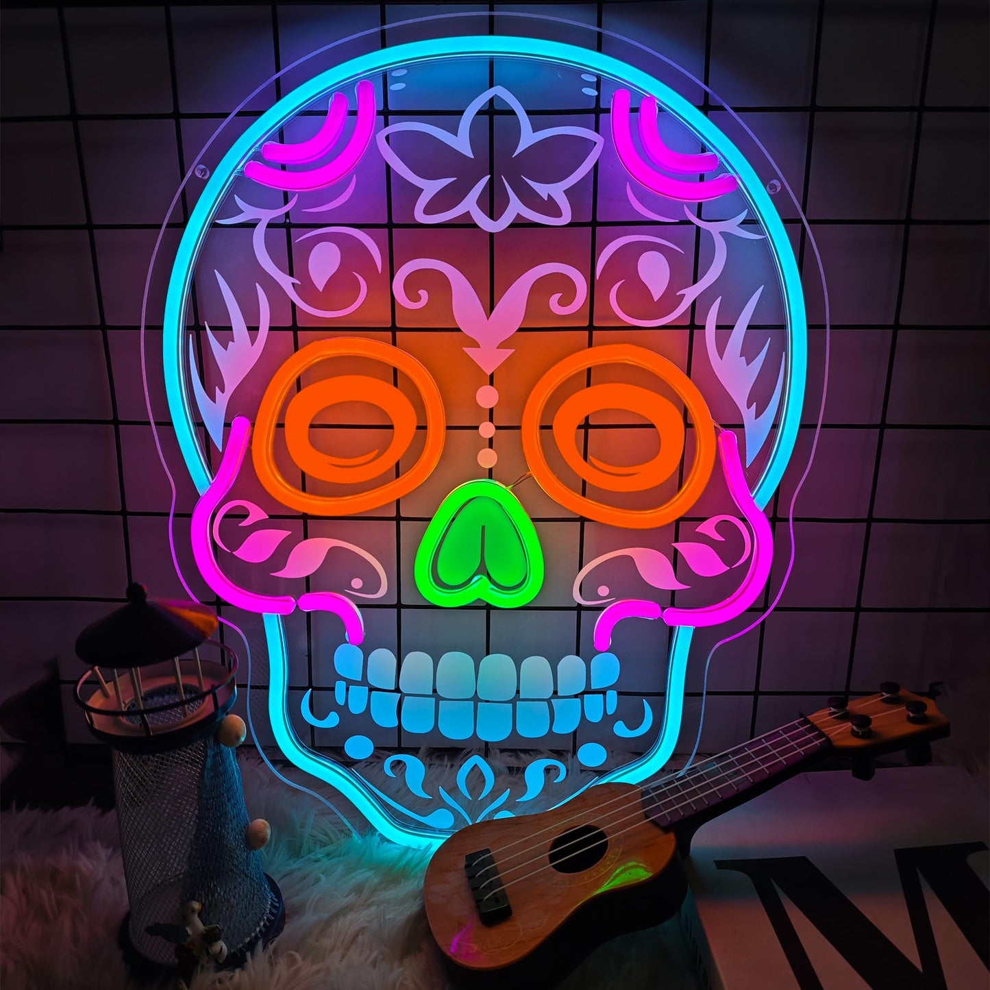 Skull Neon Signs For Bedroom Dimmable Neon Light Uv Printed Skull Signs Led Light For Man Cave malt-inspired Bar Club Game Room Party Decor Gifts  16.5X12.8