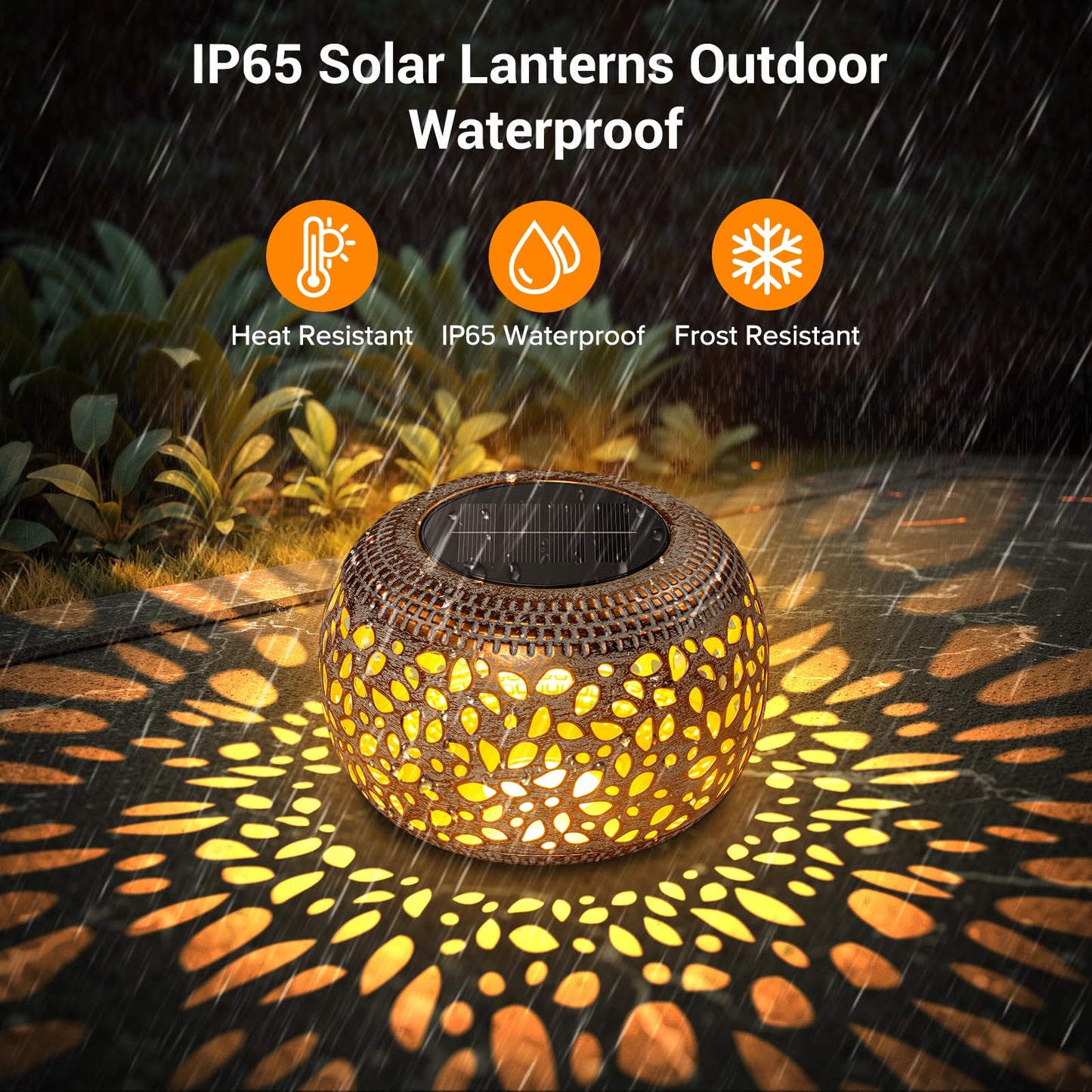 BONLION Solar Table Lanterns 2 Pack - Waterproof LED Lamps for Patio, White Hollow-Out Metal, Model TLL004