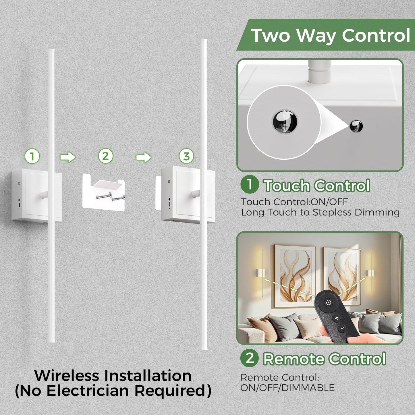 DORESshop Battery Operated Wall Sconces Set of 2, Dimmable, Remote Control, 28.1 Inch, White Metal Lighting for Bedroom, Living Room