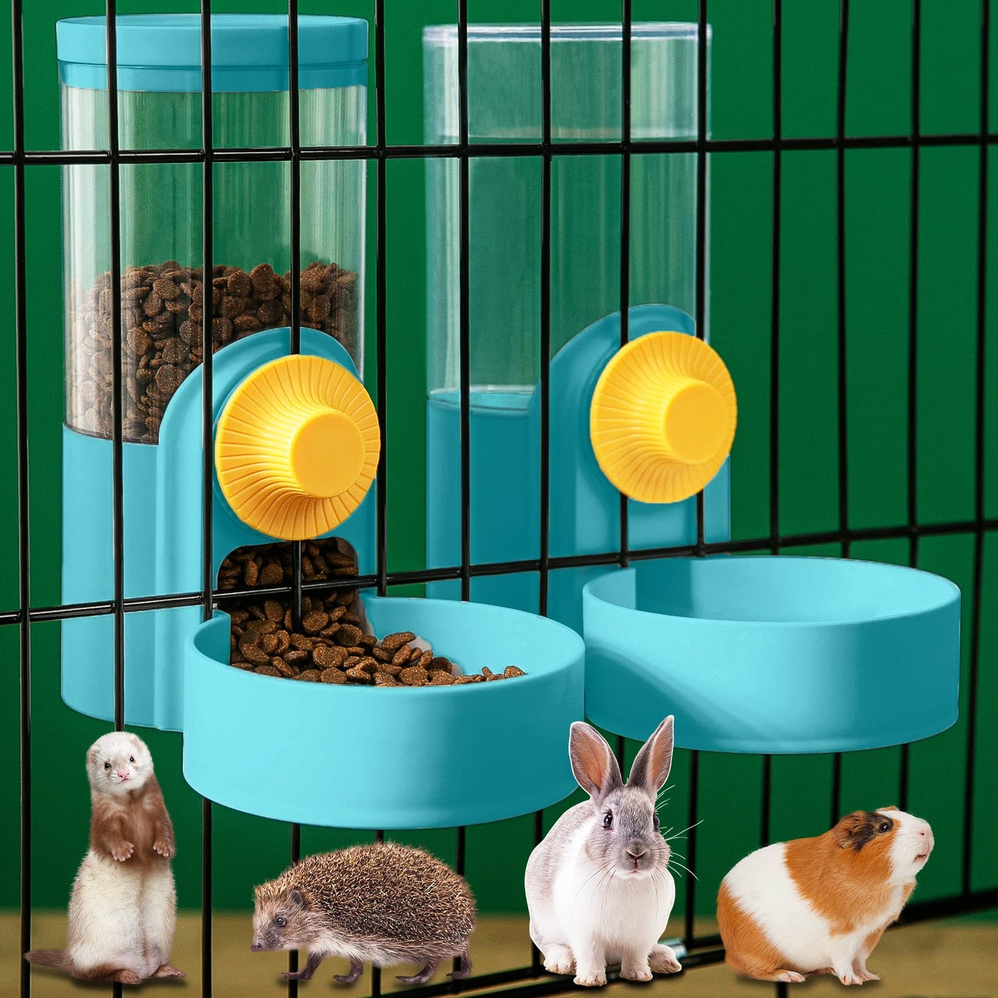Kenond 40oz Hanging Automatic Rabbit Food and Water Dispenser, Dog Cage and Ferret Feeder, Gravity Cat Feeder Set, Cage Food Bowl for Bunny, Guinea Pig, Chinchilla (Green)