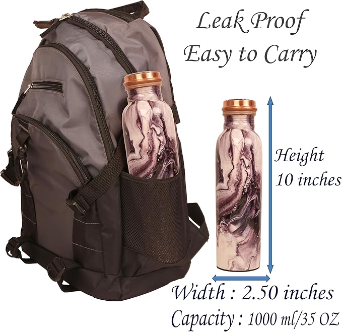 Pure Copper Water Bottle - Handcrafted - Ayurveda Health Benefits - Large 35 oz - Leak proof - Easy to carry for Sports, Fitness, Yoga, School - Textured Patterns.