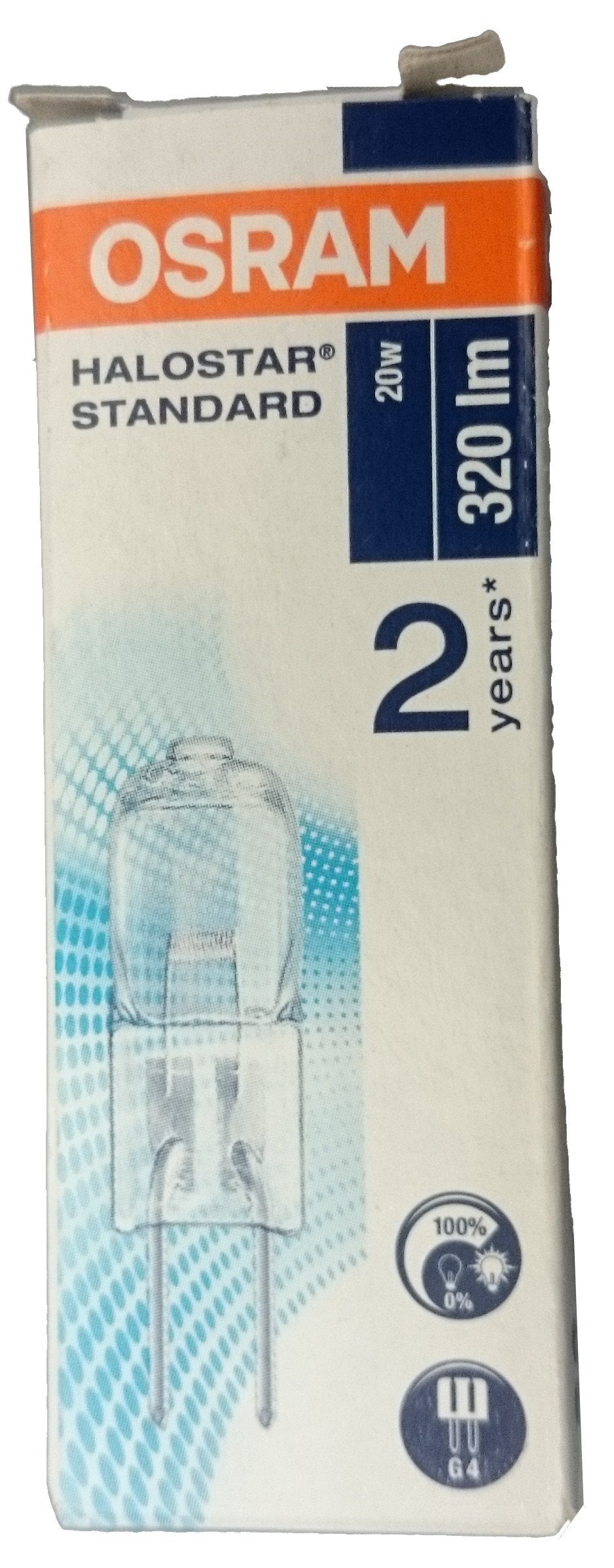 Osram Halogen Bulb 20W, 12V G4, Tungsten, Halogen White, Model 64425, 33X10Mm, 1 Count