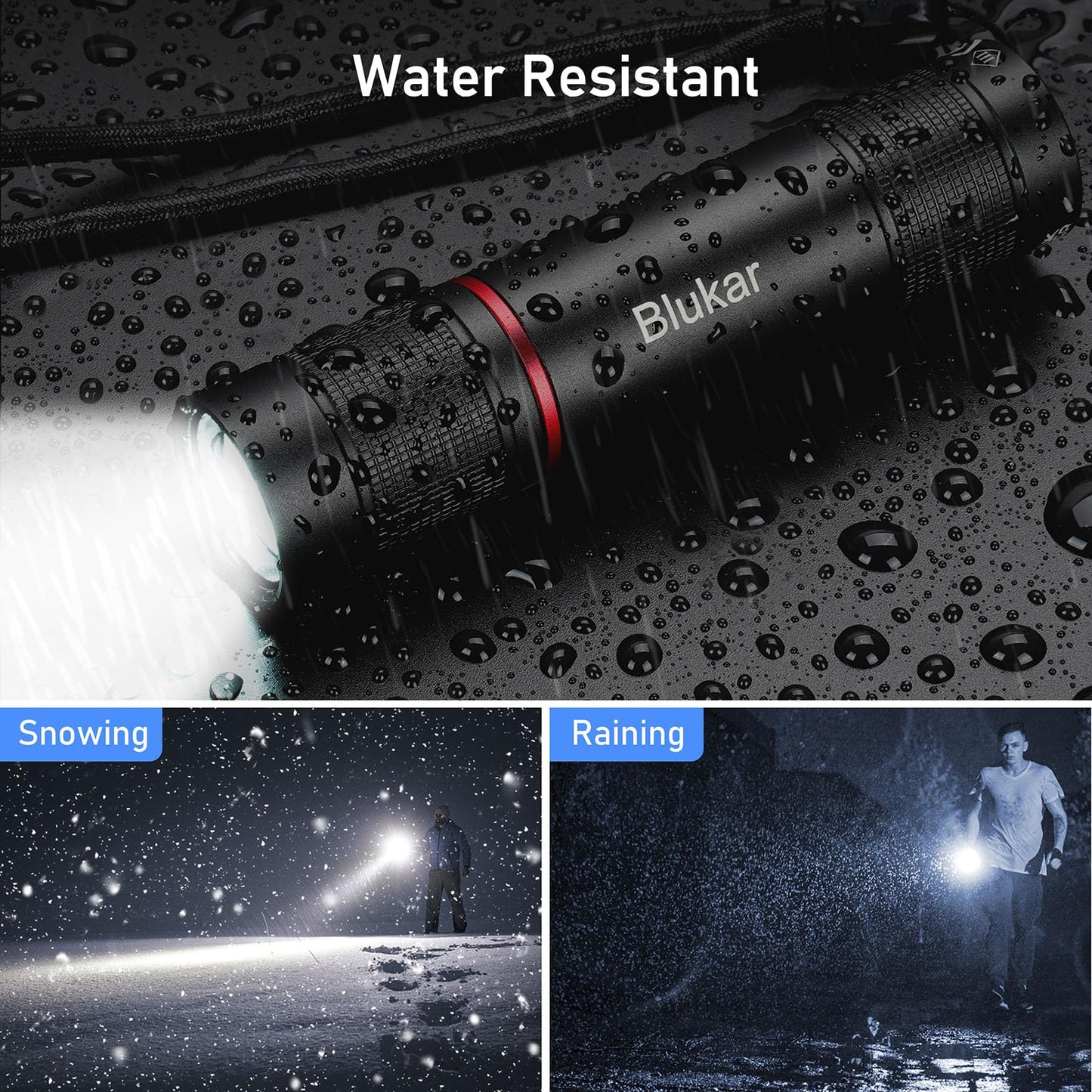 Blukar 2000L Tactical Flashlight - Rechargeable, Zoomable, Adjustable Brightness, Black, Aluminum, Model K9132, 1 Pack
