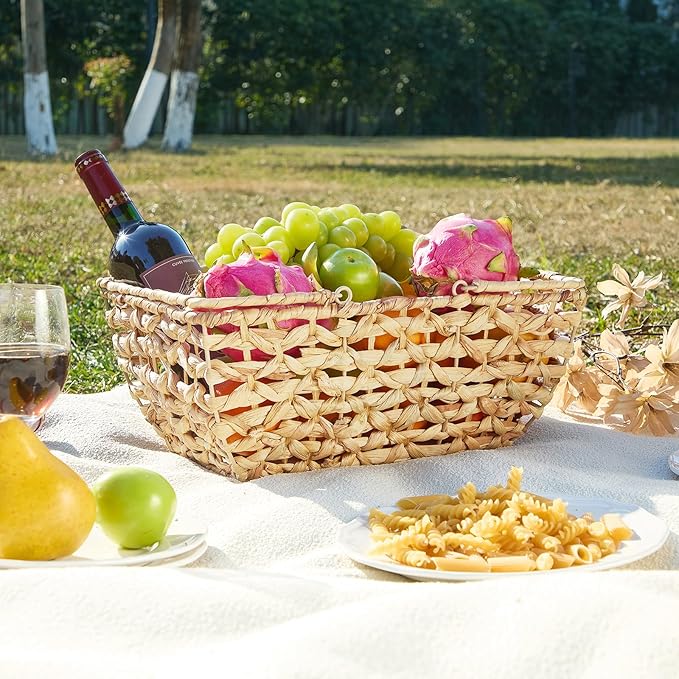 Wicker Picnic Basket with Handles, Wicker Baskets with Wooden Base for Picnic, Camping & Storage Basket