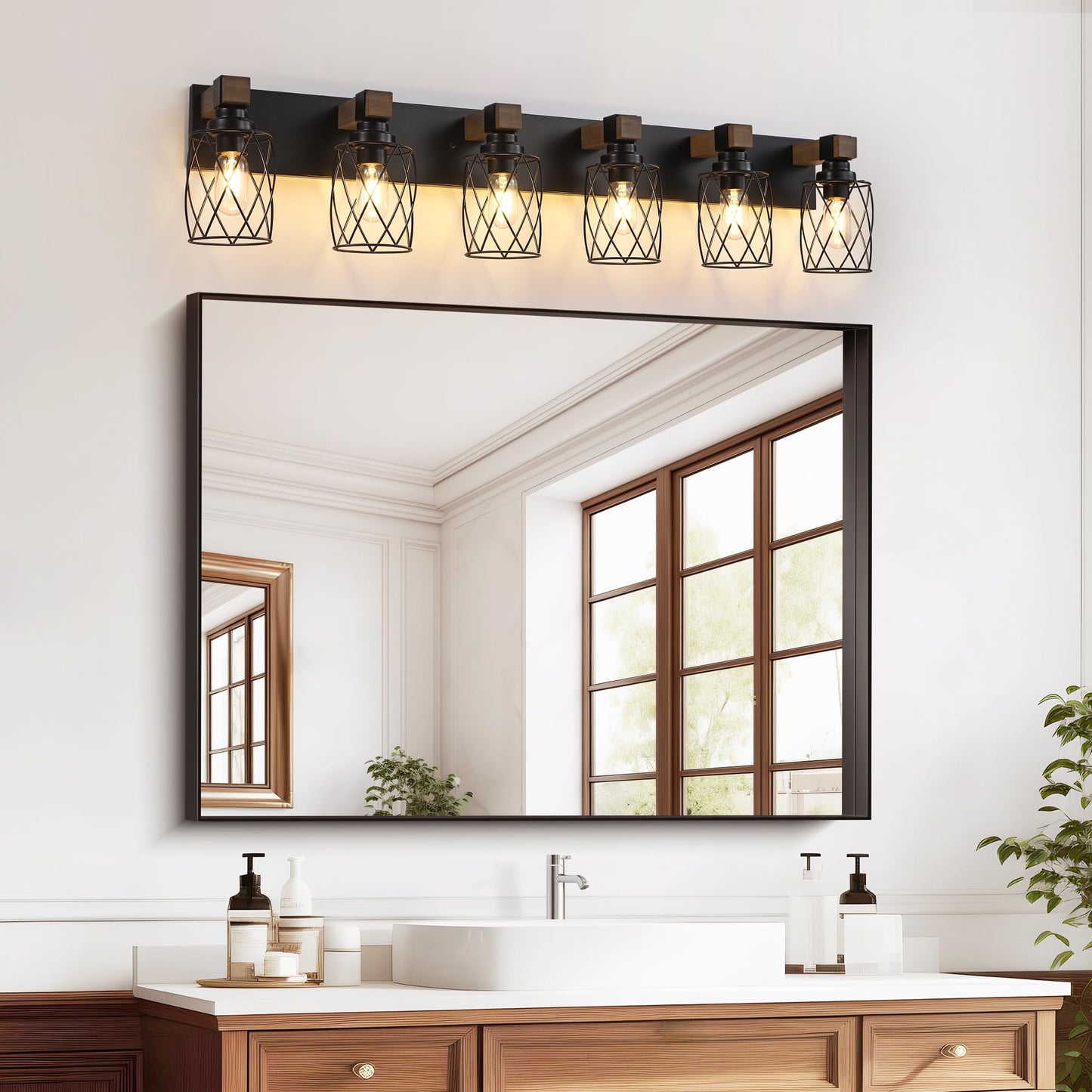 Xvmbvm Farmhouse Bathroom Vanity Light  6-Light Wood Bathroom Light Fixtures Over Mirror  Black Industrial Vanity Lights With Metal Shade  Rustic Bathrooms Lighting For Living Room  Bedroom  Hallway