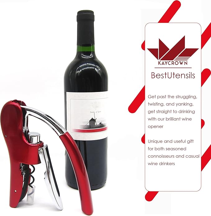 KAYCROWN Wine Bottle Opener, Vertical Lever Corkscrew with Built in Foil Cutter Design, Manual Handheld Corkscrew with Ergonomic Lever Pump