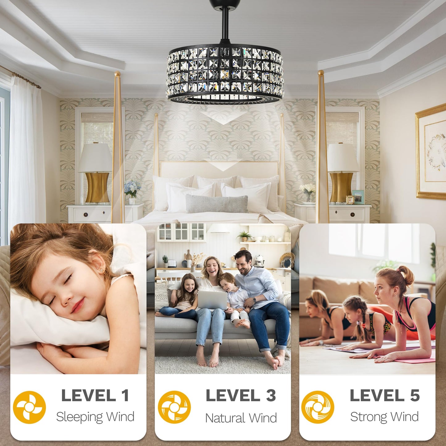 Dwvo 18 Crystal Caged Ceiling Fans With Lights, Enclosed Modern Ceiling Fan With Remote Control Reversible Industrial Chandelier
