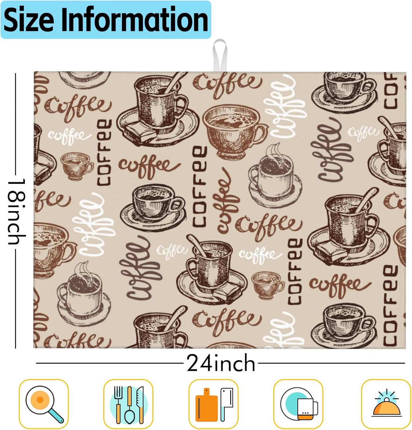 Large Dish Drying Mat for Kitchen Counter,18"X24" Vintage Coffee Theme Patterns Super Absorbent Reversible Microfiber Dish Drying Mat Dish Drainer Mat Drying Pad for Kitchen Countertop Coffee Bar