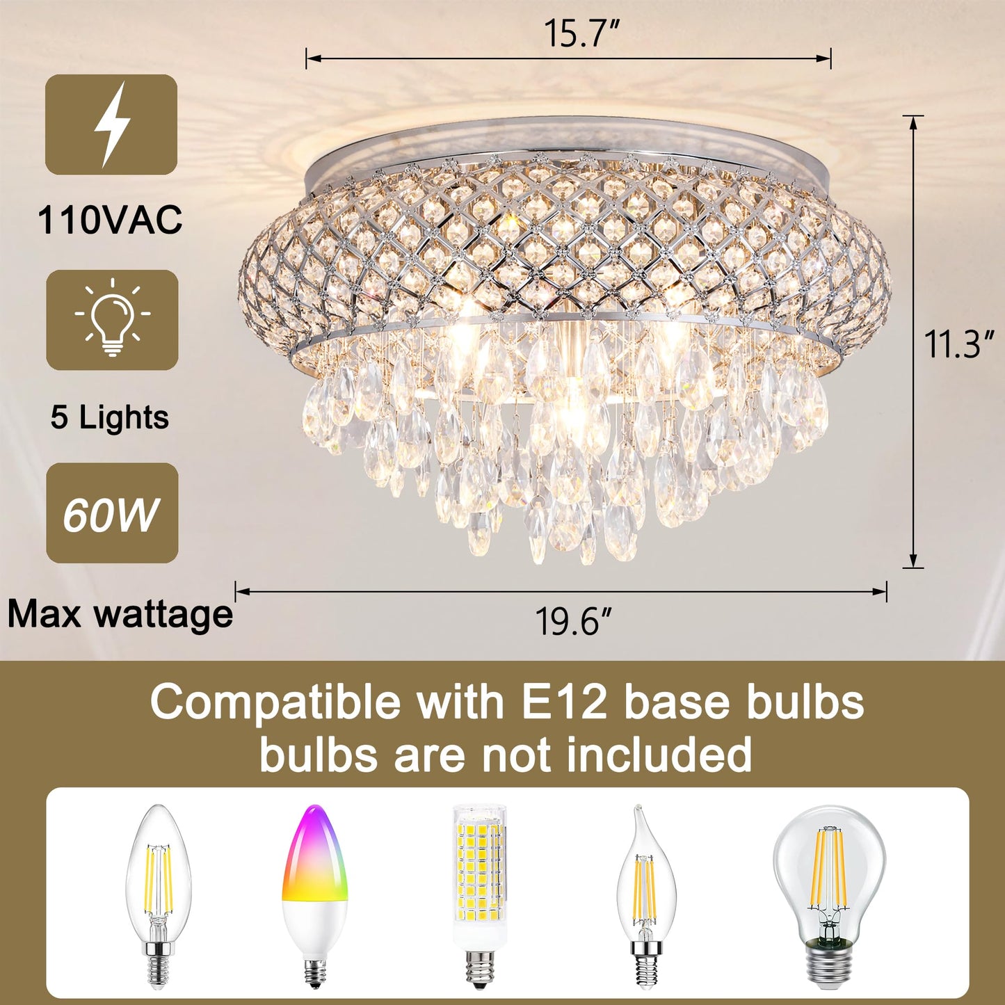 Maxax stylish Modern Flush Mount Ceiling Light, 5-Light, Large Chrome Crystal Fixture For Living Room, Bedroom, Dining Room, Kitchen