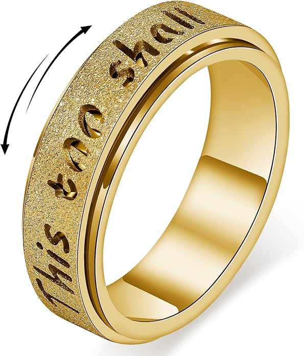 LuckyAmor Fidget Spinner Ring for Women - THIS TOO SHALL PASS Stainless Steel 18K Gold Plated Anxiety Rotating Inspiration...