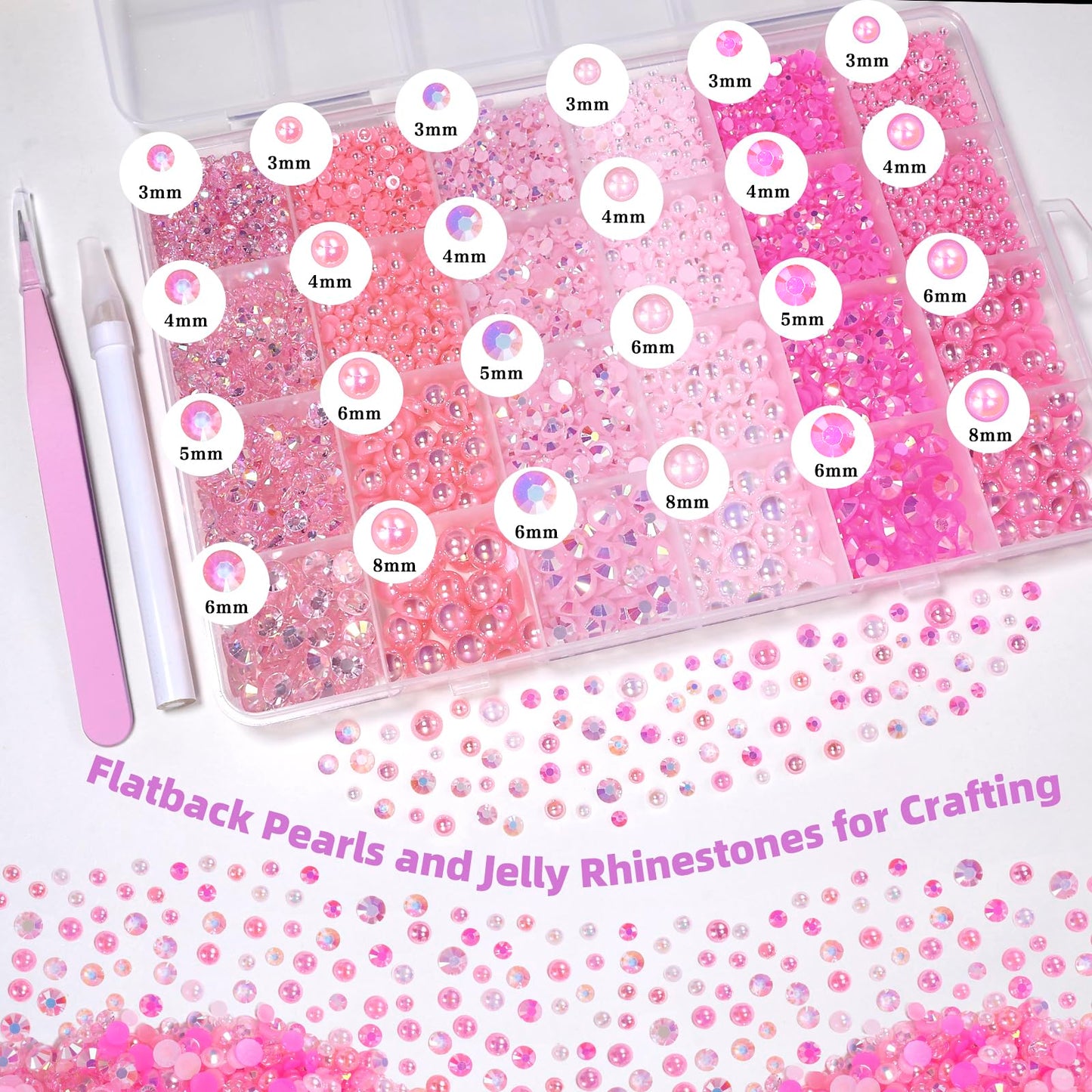 9000 Pcs Pink Colors Flatback Pearls and Rhinestones for Crafts, 3/4/5/6mm Jelly Resin Rhinestones, Mixed Size 3/4/6/8mm Half Pe