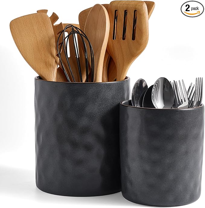 famiware Ocean Utensil Holder, 7.2"+5.8" Ceramic Kitchen Utensil Holder for Countertop, 2 Pieces Cooking Utensil Crocks, Utensil Organizer for Spatula & Spoon, Kitchen Decor, Set of 2, Matte Black