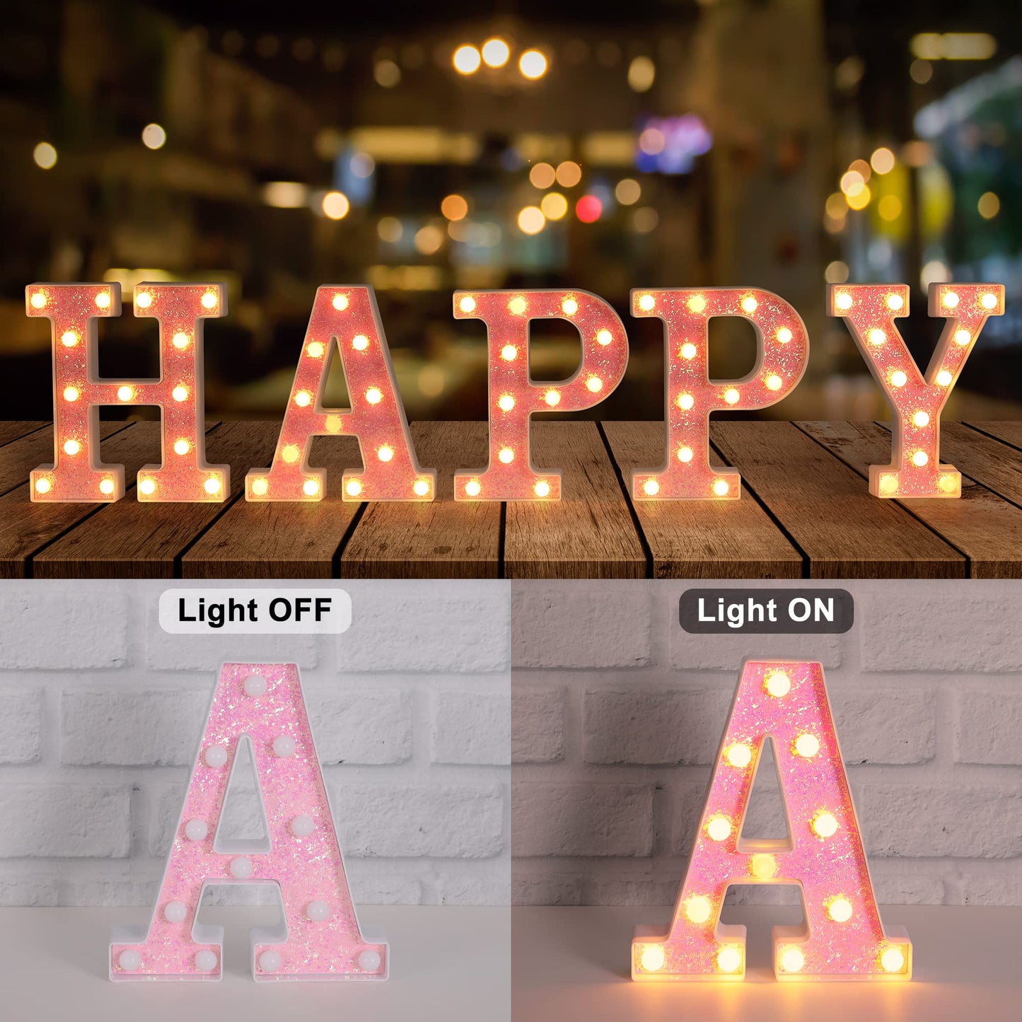 Foaky LED Letter Light Sign, Pink Glitter Alphabet, Battery Powered, Home Bar Decoration, Model K