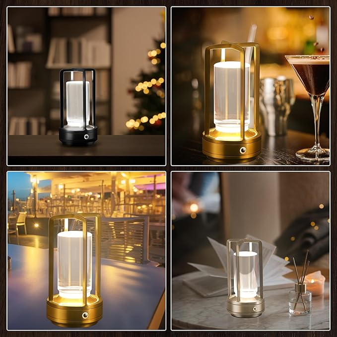 Portable Metal Table Lamp,Cordless Table Lamp, Rechargeable Battery Powered Portable LED Desk Lamp, 3 Color Stepless Dimming Touch, for Bedroom Restaurant Home Outdoor (Silver)