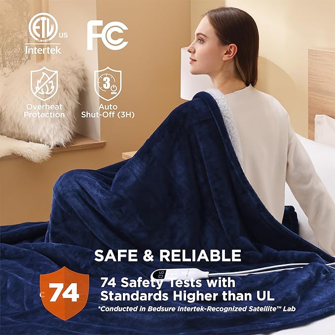 Bedsure Electric Blanket Twin - Soft Flannel Heated Blanket, Fast Heating with 10 Time Settings & 6 Heat Settings, Warm Gift for Grandma (62x84 inches, Pageant Blue)