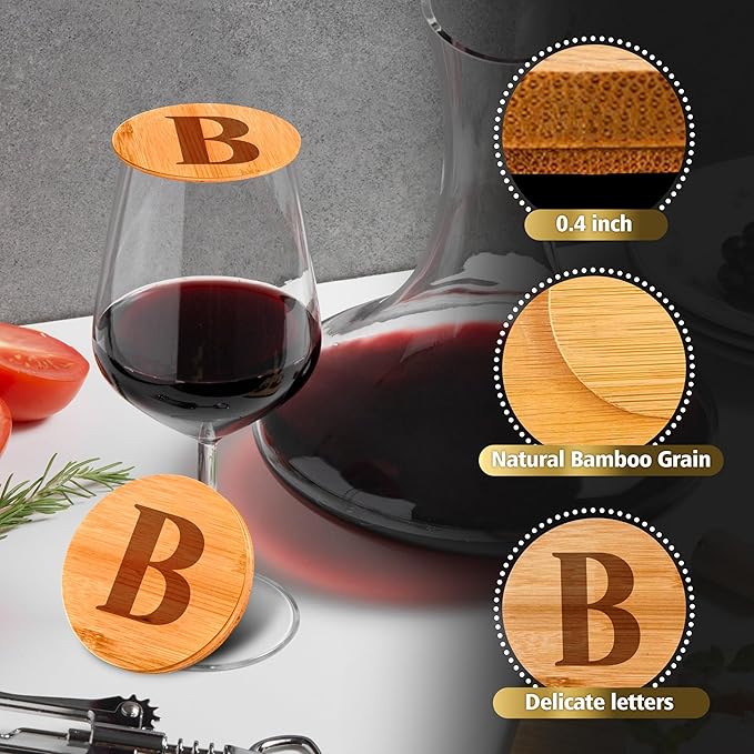 Personalized Wine Glass Charcuterie Topper - Custom Laser Engraved Initial Bamboo Wine Glass Topper Stopper Coasters Plate ID Identification Wine Glass Charcuterie Board Topper (Letter B)