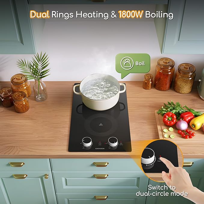 12 Inch Electric Cooktop with 2 Burner,110V-120V, 1800W,Plug in Electric Stove Top with Countertop Support Frame‌,Countertop & Built-in,Glass Radiant Cooktop with Knob & Touch Control