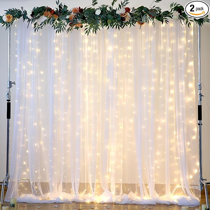 White Tulle Backdrop Curtain with Lights String for Parites 10×8ft Sheer Backdrop Curtains White Curtain Backdrop for Wedd...