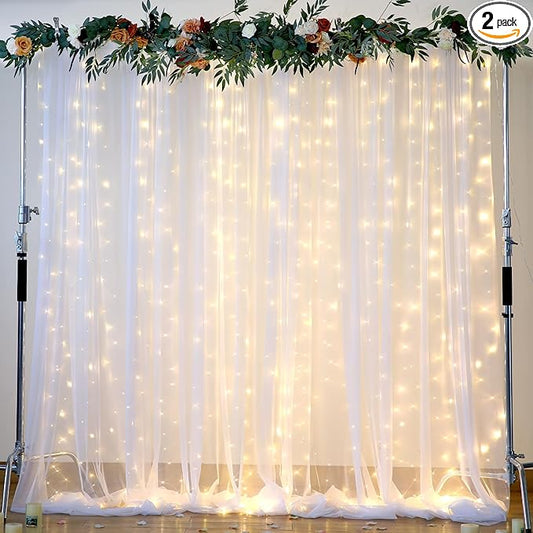 White Tulle Backdrop Curtain with Lights String for Parites 10×8ft Sheer Backdrop Curtains White Curtain Backdrop for Wedd...