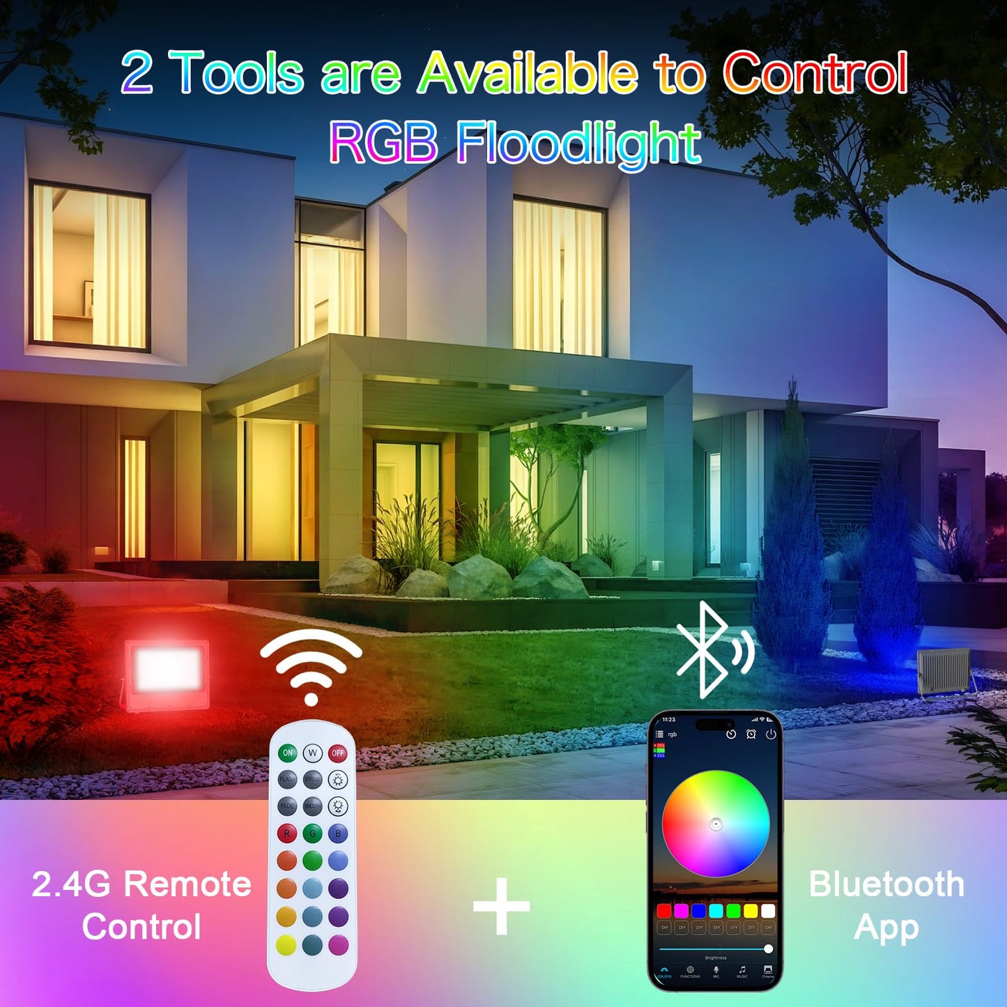 MEEKBOS RGB LED Flood Lights 30W, Bluetooth/App Control, IP66 Waterproof, 3000LM, 16 Million Colors, 2-Pack, Gray